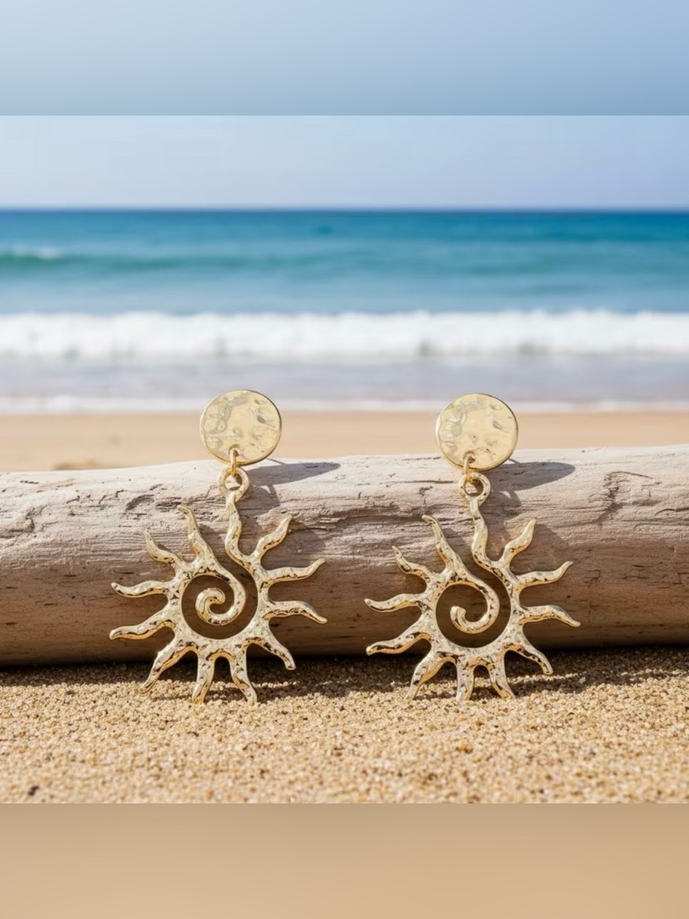 Sun Aztec Brutalist Inspired Hammered Pattern Earrings - Picture 7 of 8
